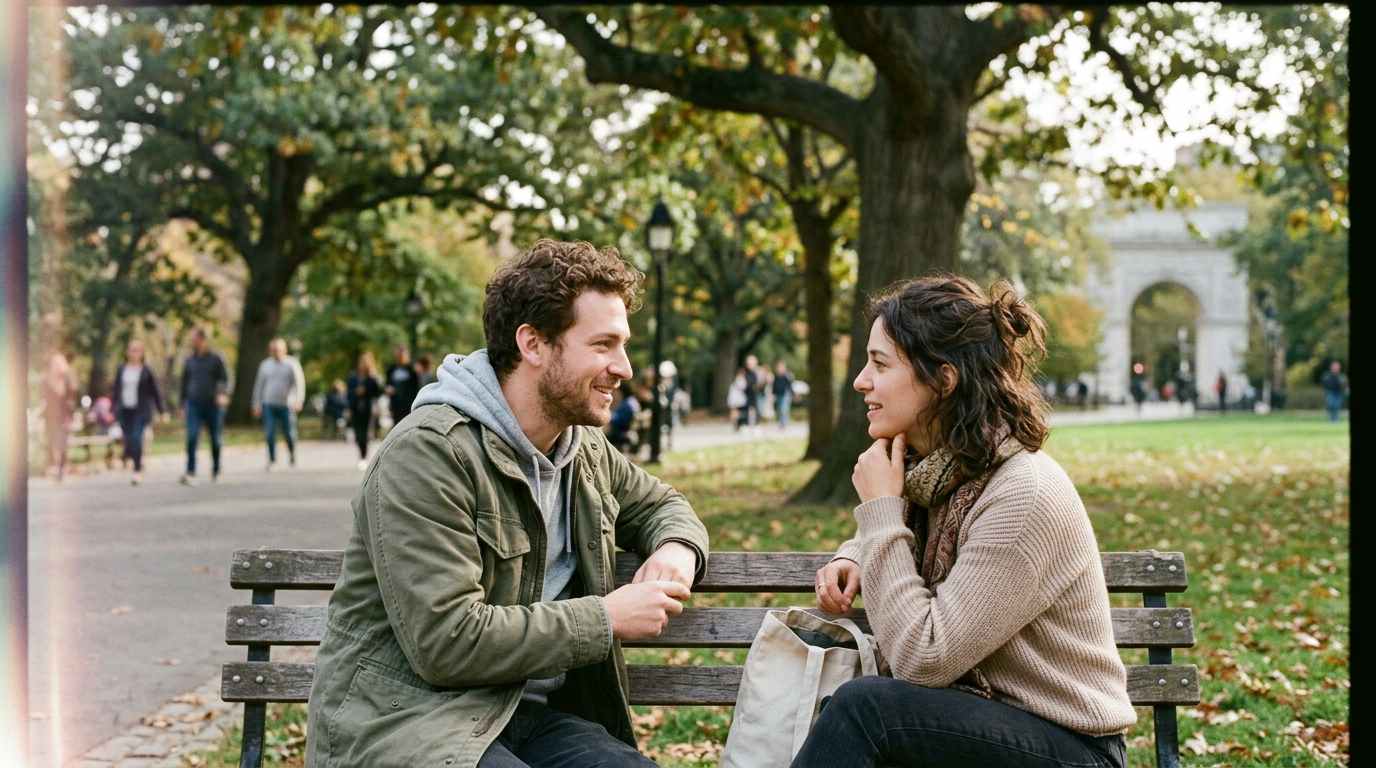Two people talking on a park bench in an autumn park
